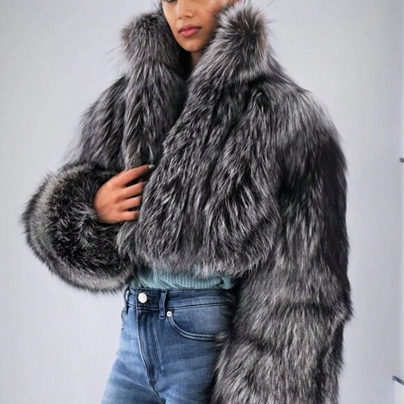 Jackets & Blazers - Black & White Casual Womens Faux Silver Fox Gradient Long Sleeve Faux Fur Jacket